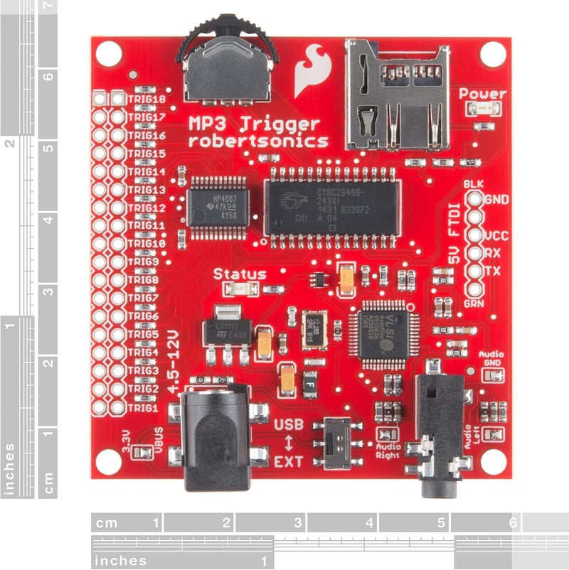 Spark Fun MP3 Trigger - 18 Trigger inputs to Alternate Functions Random & sequential Track Selection Transport Controls Even Volume up/Down Real-Time Volume Control Full-Duplex Serial Control - Image 2